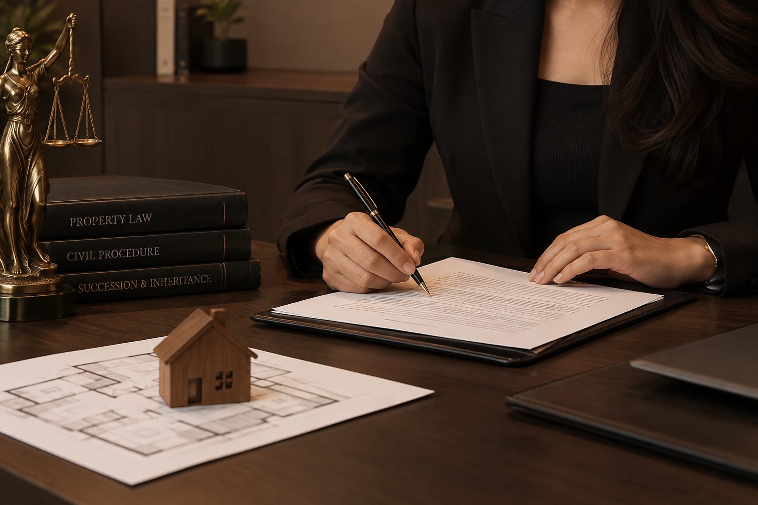 A lawyer drafting documents beside a floor plan, a model house and property law books