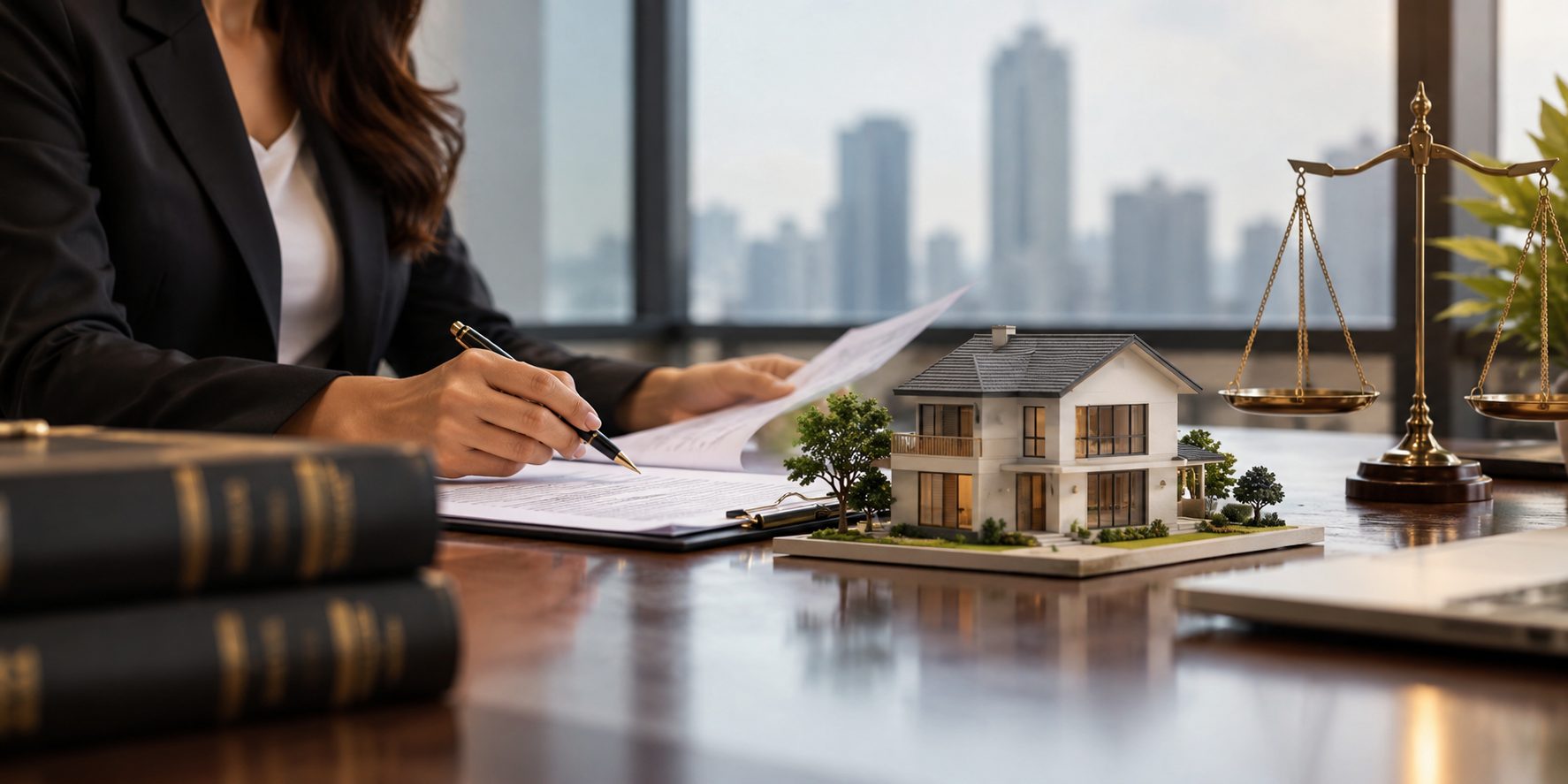 A lawyer reviewing documents beside a model house and the scales of justice - Eagle Law & Integrity partition suits practice