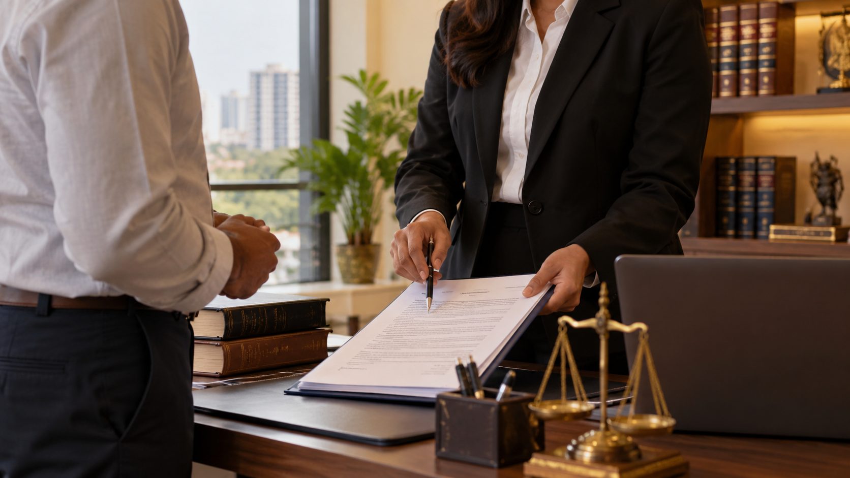 A lawyer reviewing a power of attorney with a client in her office - Eagle Law & Integrity power of attorney practice
