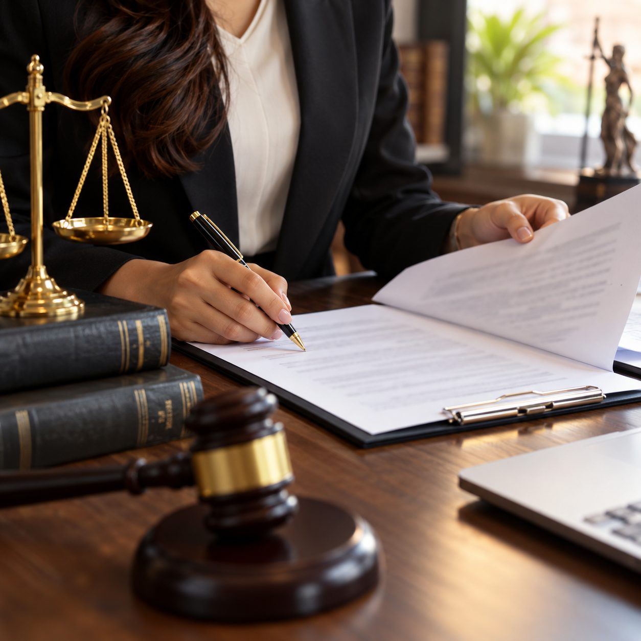 A lawyer signing documents at a desk with a gavel and the scales of justice