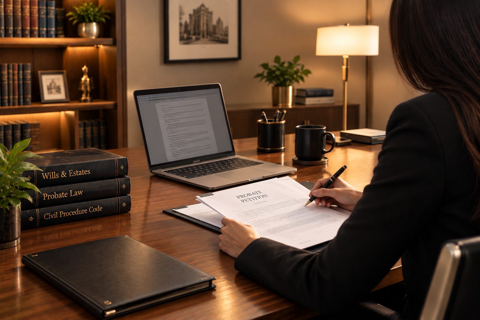 A lawyer drafting a probate petition beside wills and probate law books