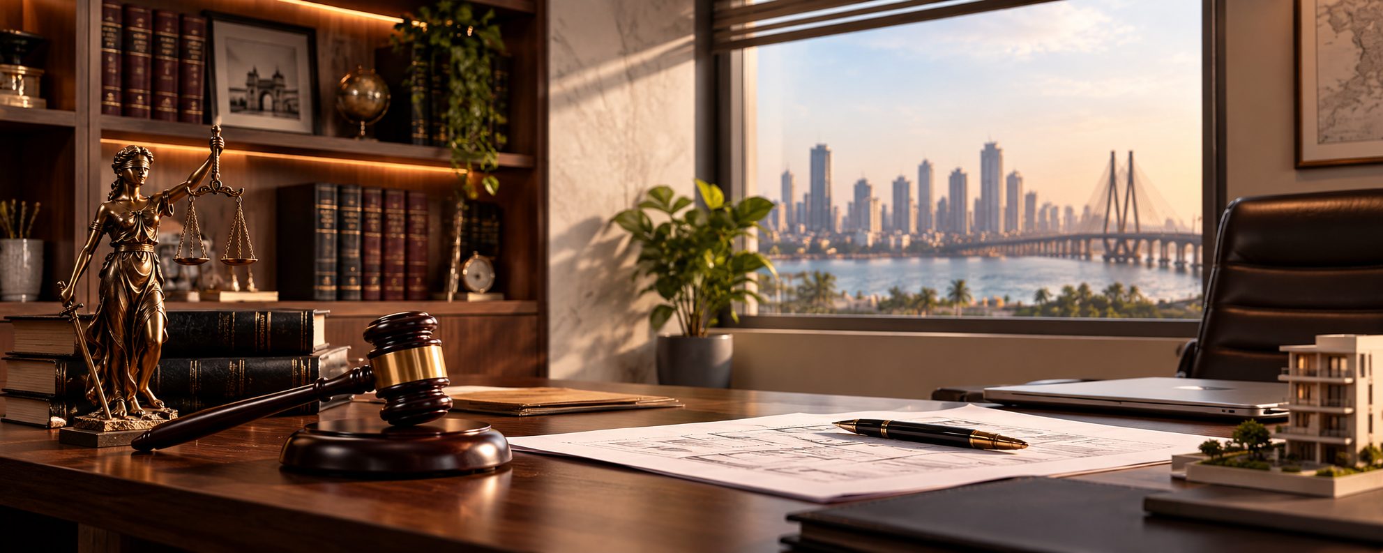 A lawyer's desk with a gavel, a Lady Justice statuette and a model building, overlooking the Bandra-Worli Sea Link - Eagle Law & Integrity property law practice