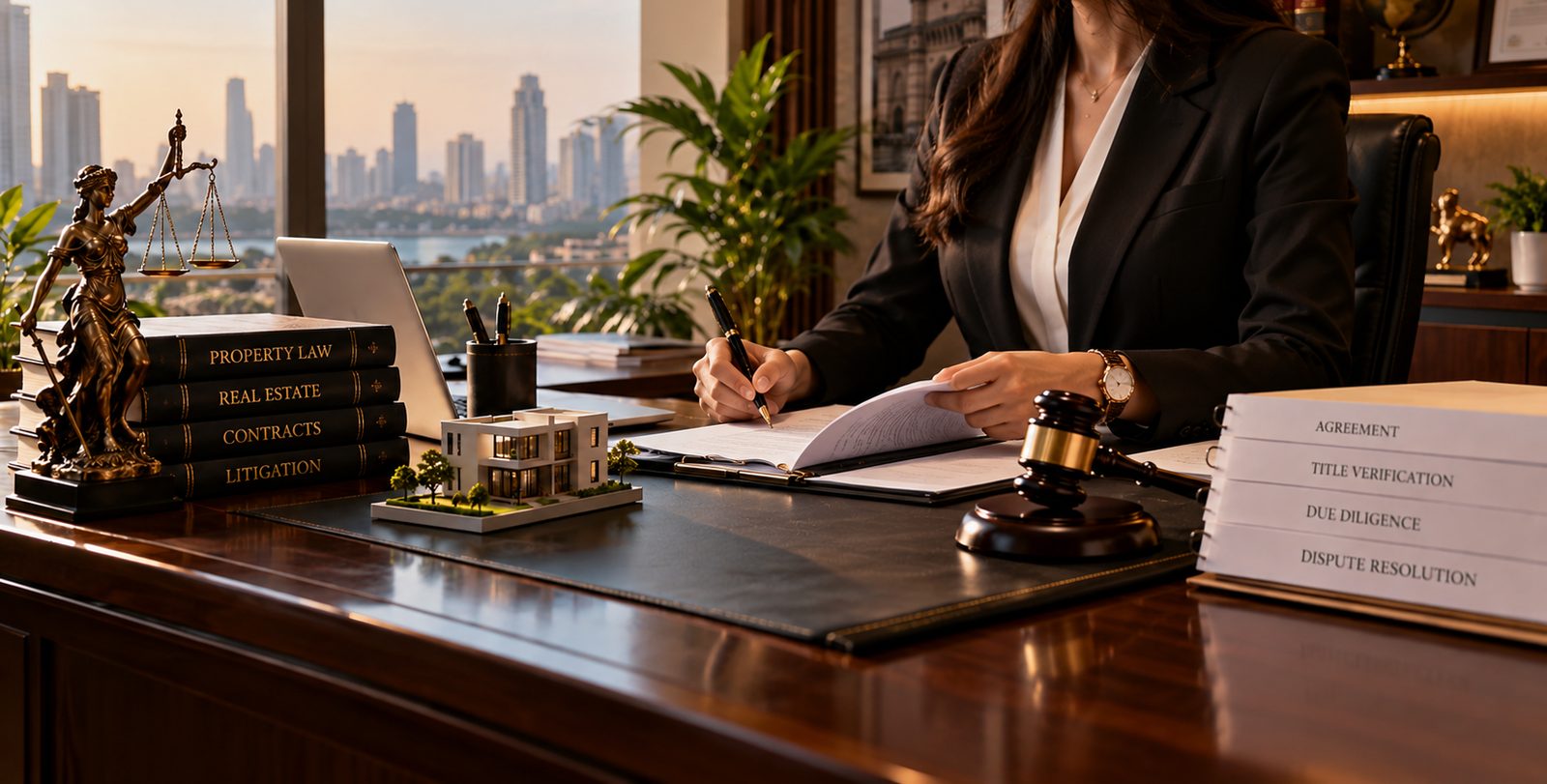A property lawyer at her desk with title verification, due diligence and dispute resolution files