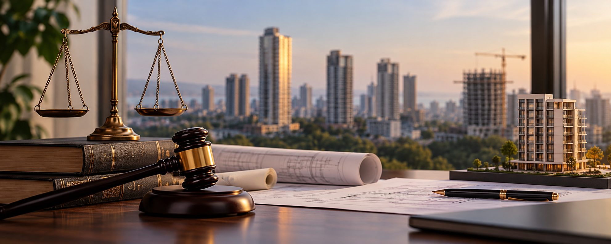 A gavel, the scales of justice and building plans on a desk overlooking high-rise construction in Mumbai - Eagle Law & Integrity real estate litigation and RERA practice