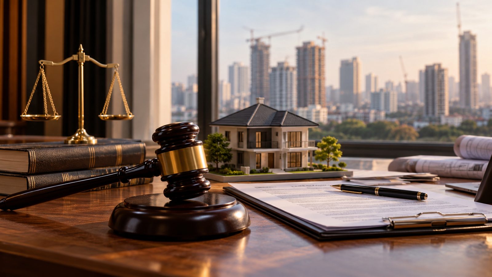 A gavel, a model house and property documents on a desk overlooking new construction in Mumbai