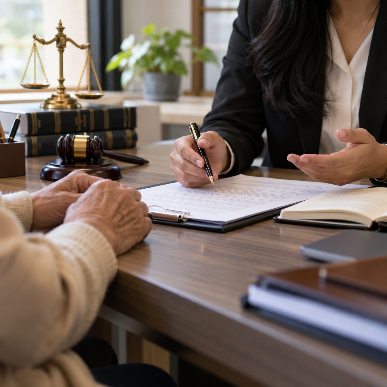 A lawyer advising an elderly client across a desk with the scales of justice and a gavel