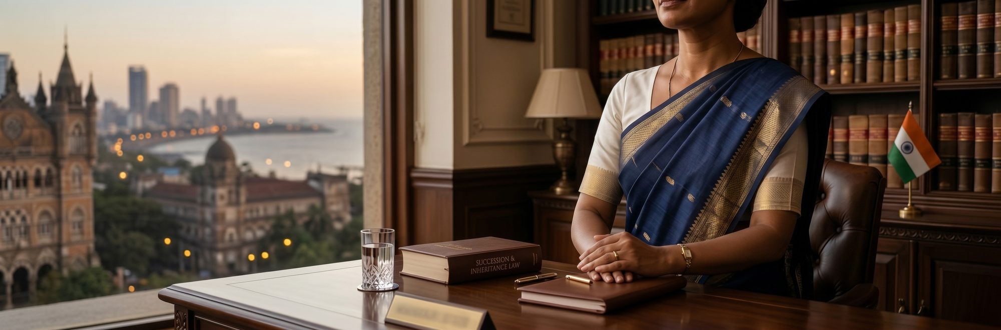 A lawyer seated at her desk in an office overlooking the Mumbai skyline - Eagle Law & Integrity succession practice