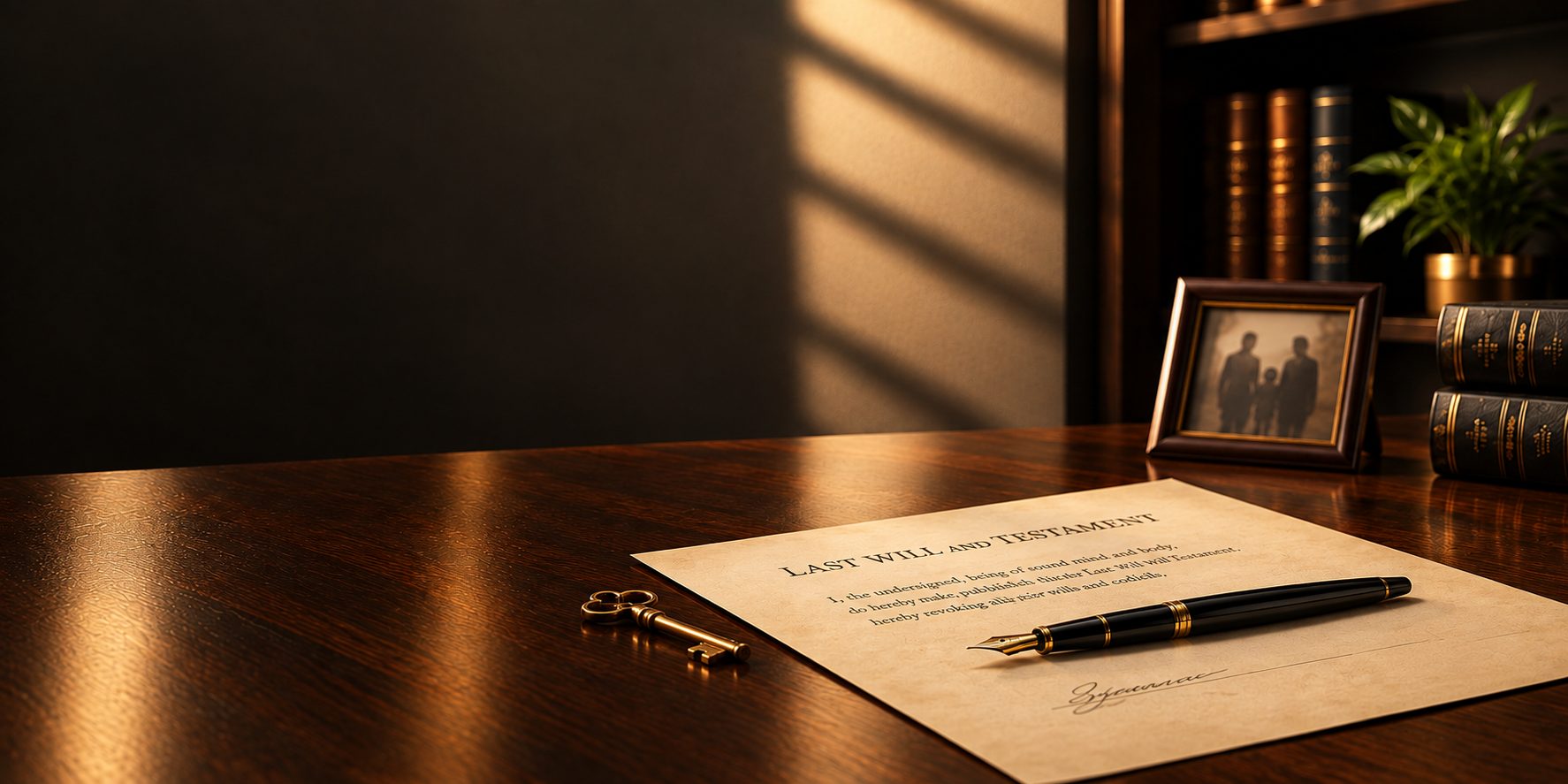 A last will and testament with a fountain pen and key on a polished desk - Eagle Law & Integrity testamentary suits practice
