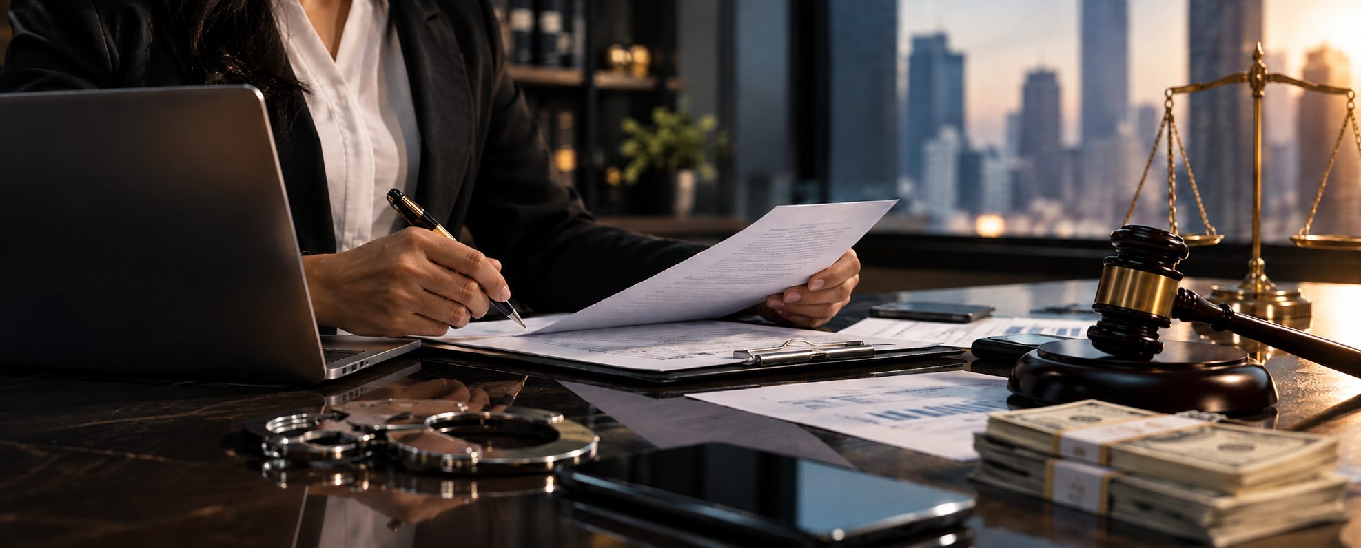 A lawyer reviewing financial documents at a desk with cash, handcuffs, a gavel and the scales of justice - Eagle Law & Integrity white collar crime practice