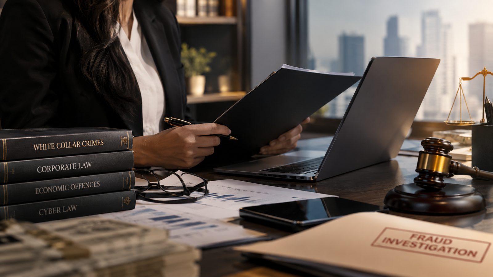 A white collar crime lawyer reviewing a case file beside a fraud investigation folder and economic offences law books